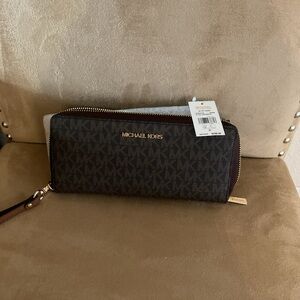 Michael Kors Dark Brown and Gold Zip Wallet